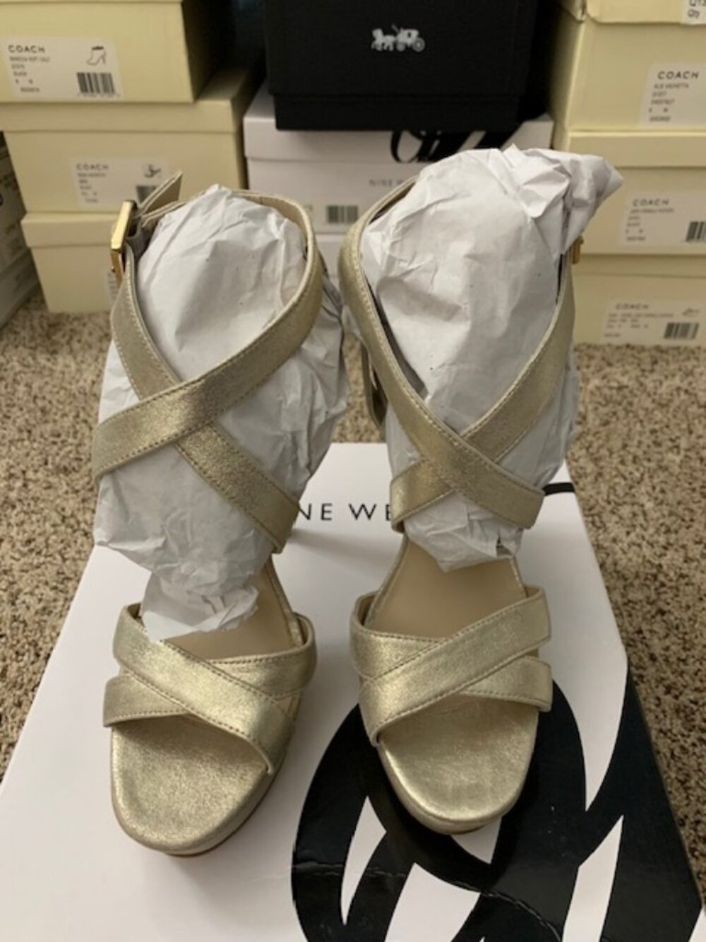 NWT Gold Nine West open toe heels